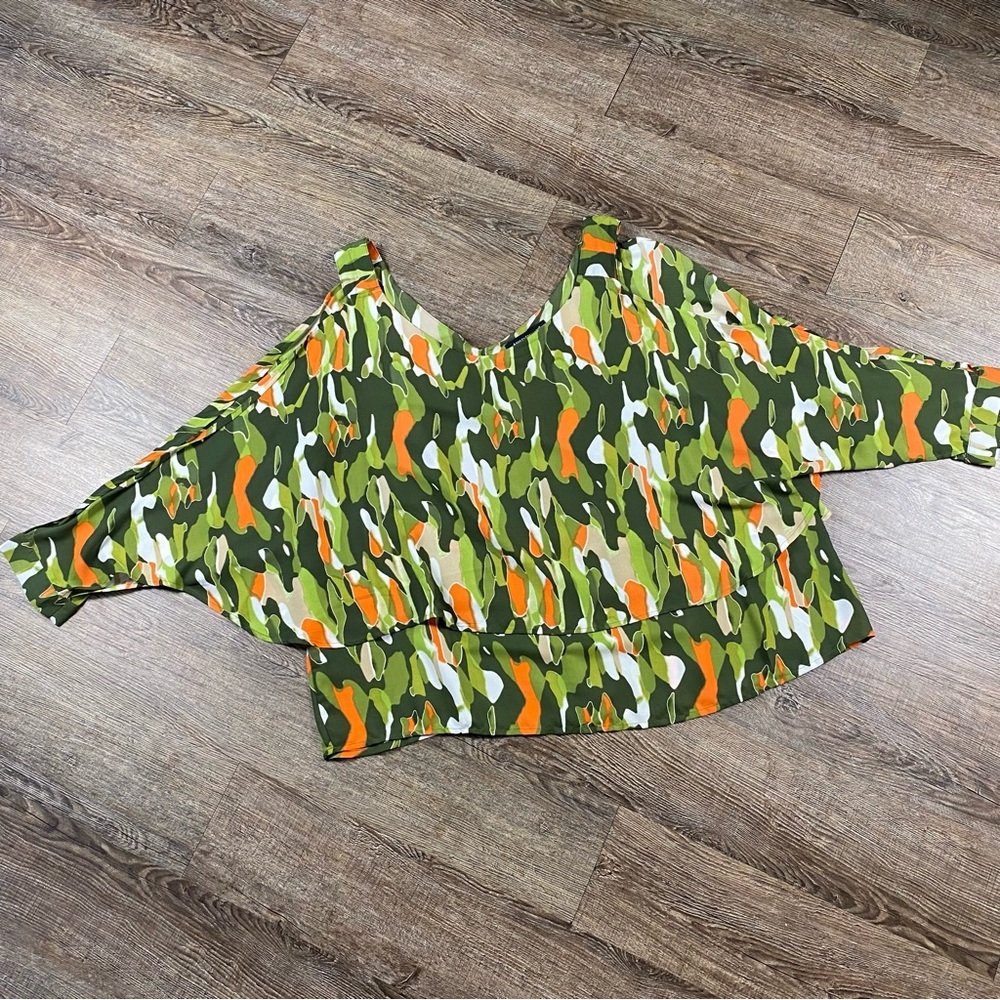 Ashley Stewart Shirt Women Size 22/24 Colorful Cold Shoulder Layered Camo Blouse